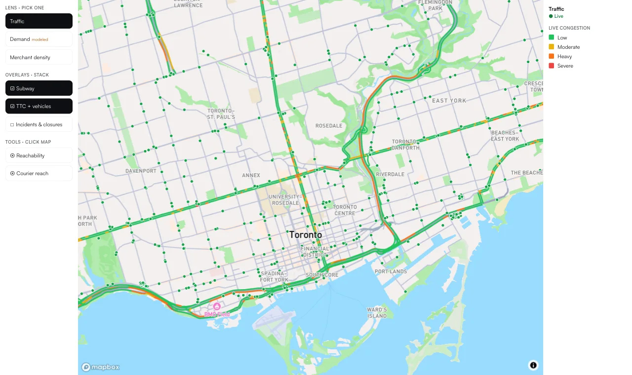Reroute operations dashboard showing live Toronto traffic congestion and transit lines across the GTA