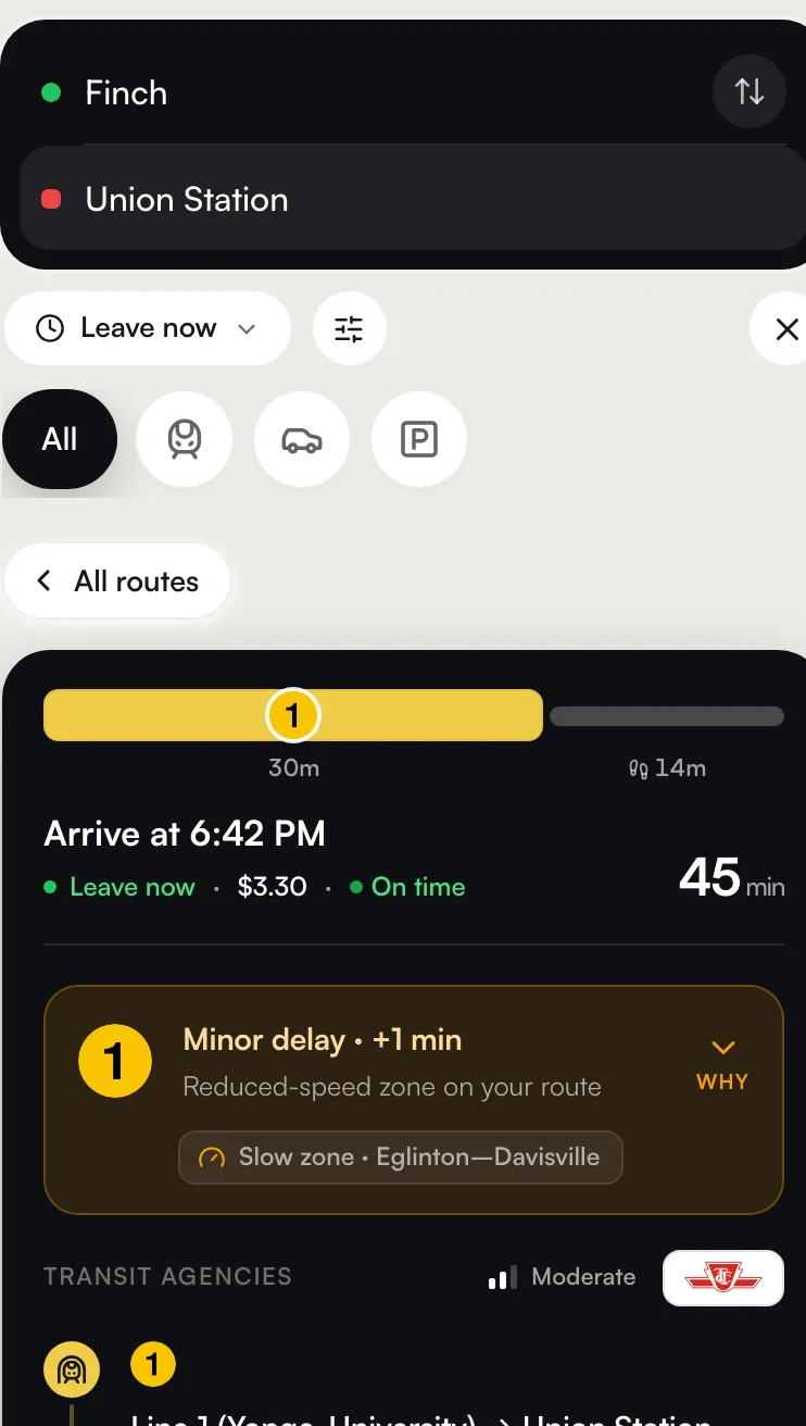Reroute predicting a Line 1 slow-zone delay before departure.