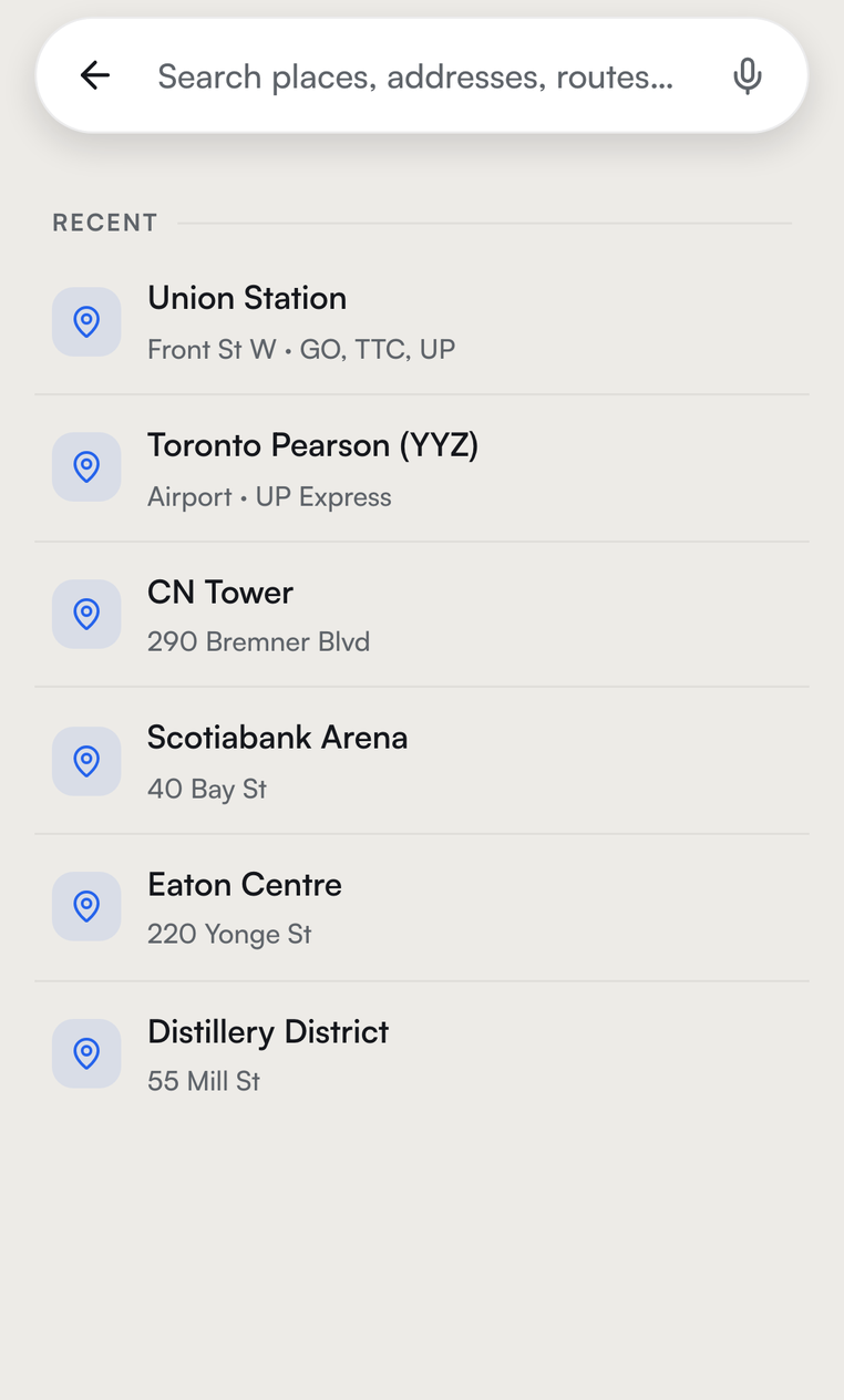 Starting a trip in Reroute - a search bar with recent places to pick from.