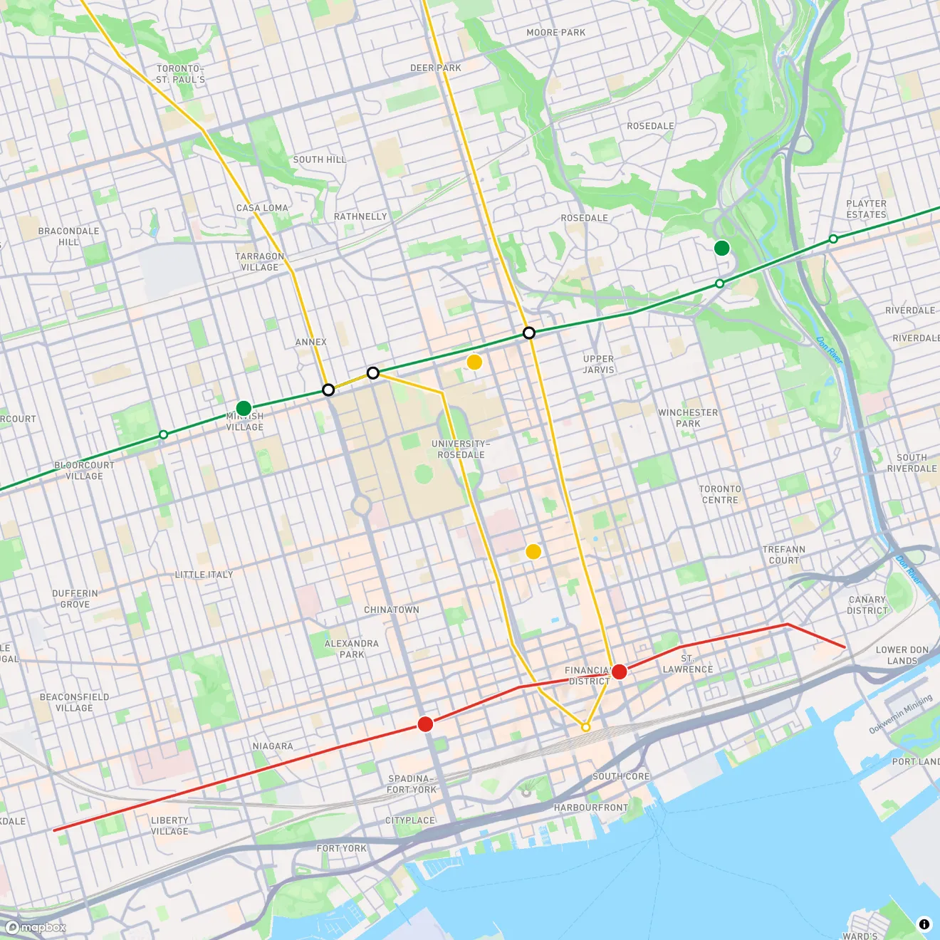 Live TTC subway and streetcar vehicles moving across downtown Toronto, refreshed every 15 seconds.