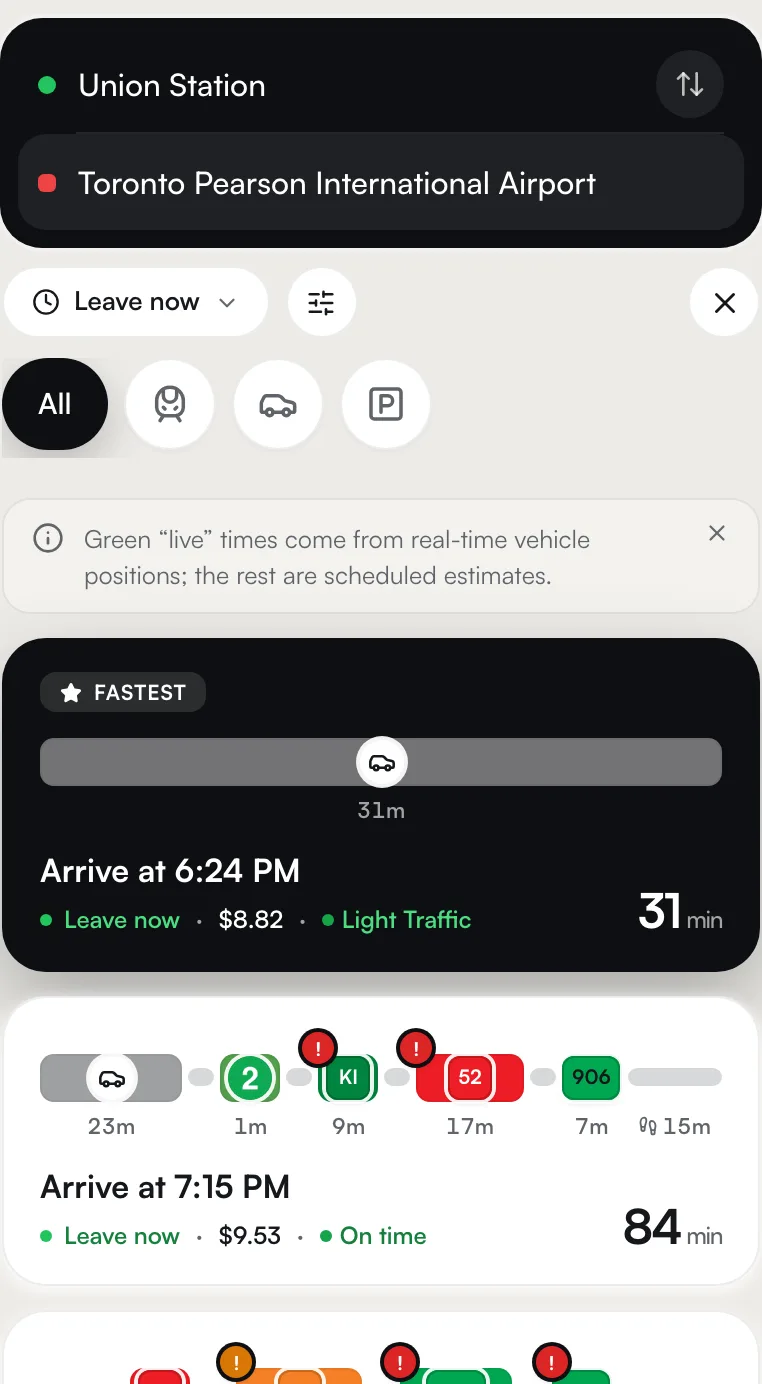 Reroute ranking transit, driving and hybrid routes from Union to Pearson by time.