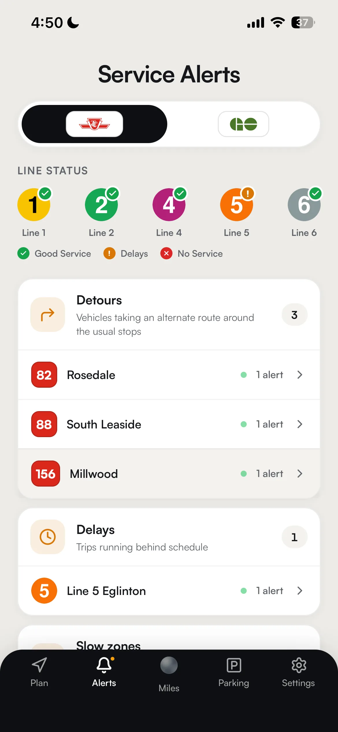 Reroute's live alerts board: TTC line status across every line, above the current detours, delays and slow zones.
