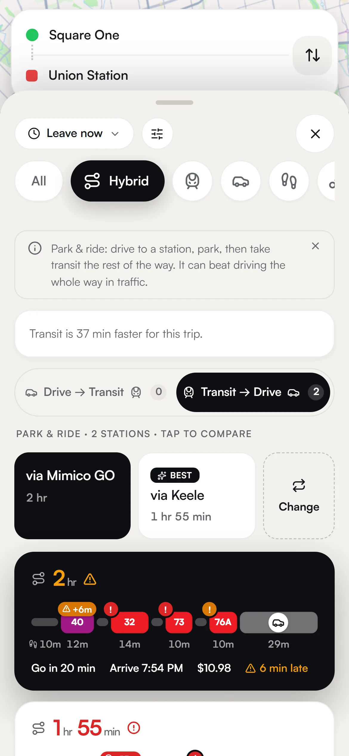 Reroute showing a park and ride option: drive to a GO station, park, then take the train, with the driving and transit legs and the station's parking priced out in one card.