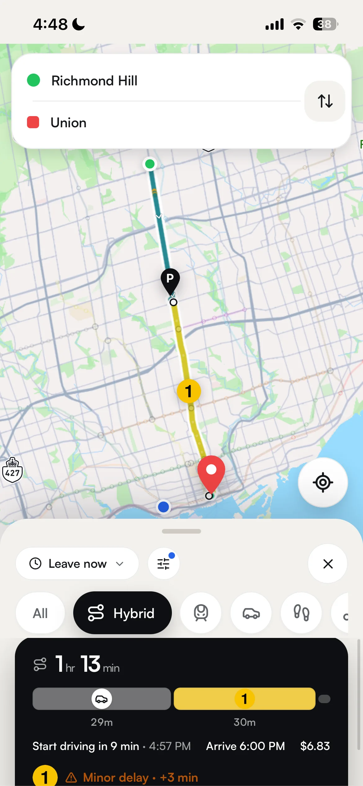 Reroute planning a hybrid trip from Richmond Hill to Union: drive to a station, park, then ride Line 1 downtown, with the parking point marked on the map.