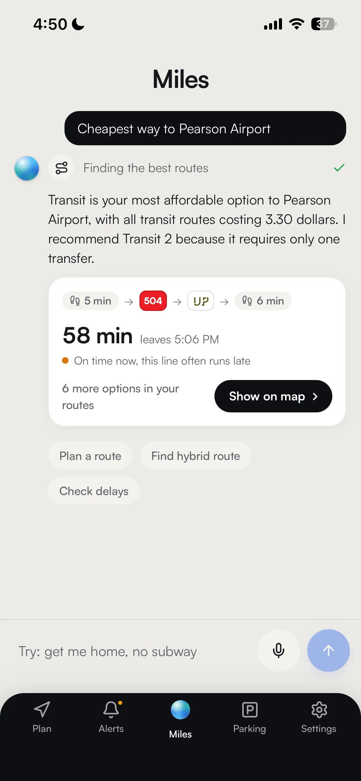 Miles, Reroute's transit AI, answering a question about the cheapest way to Pearson Airport with a route the rider can tap.