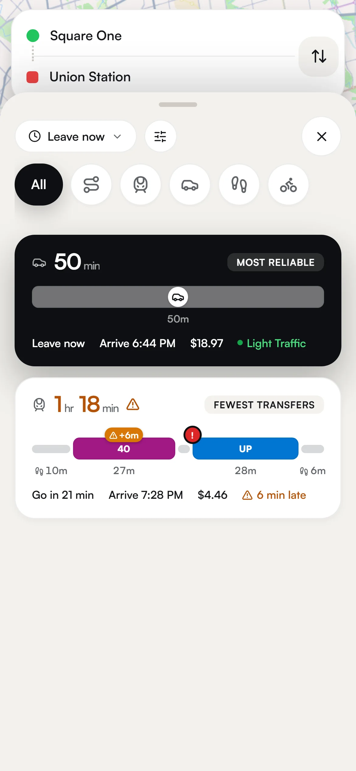 Reroute ranked route list showing a live GO delay flag.