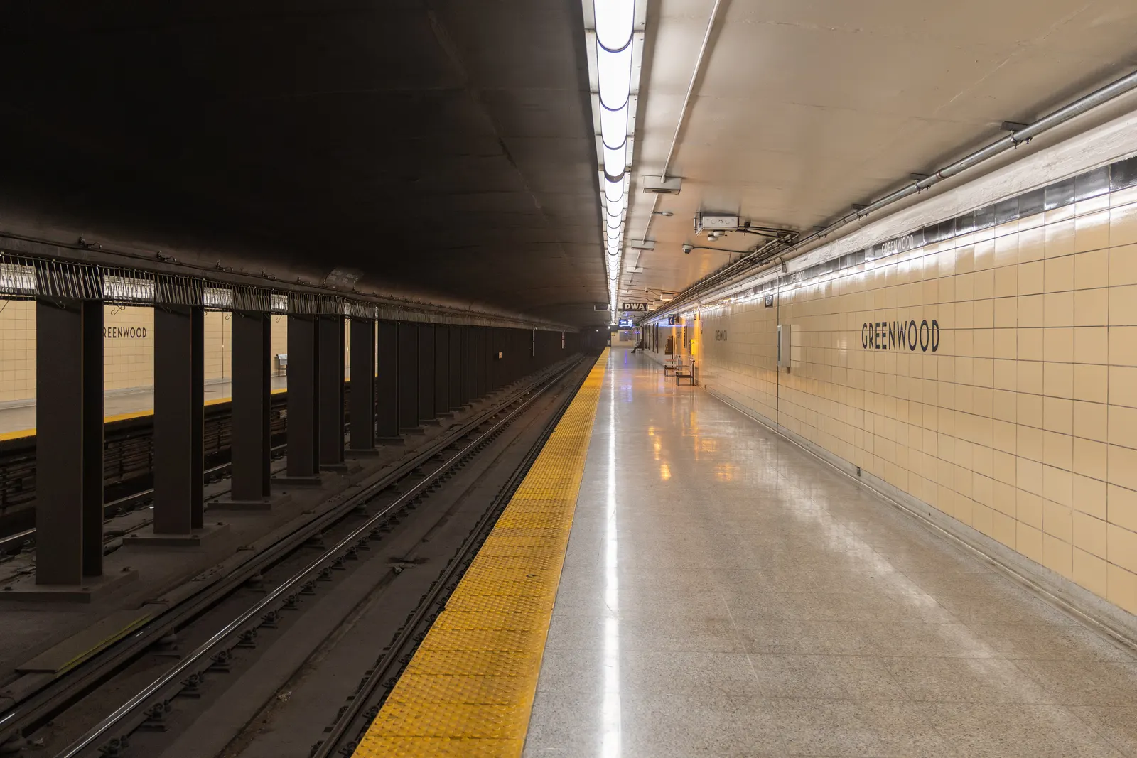 Platform at Greenwood station for westbound to Kipling