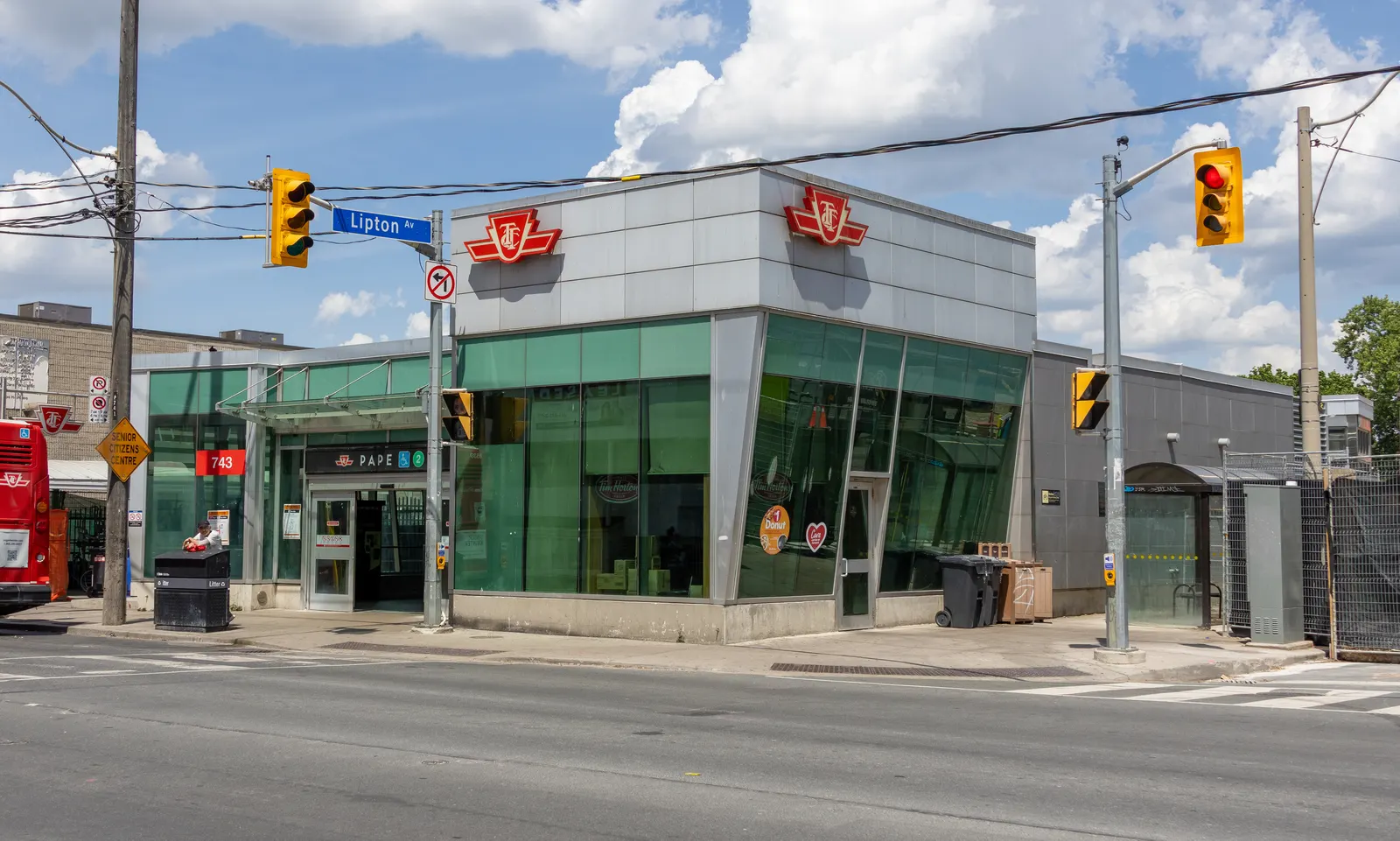 Main entrance for Pape subway station on Pape Avenue